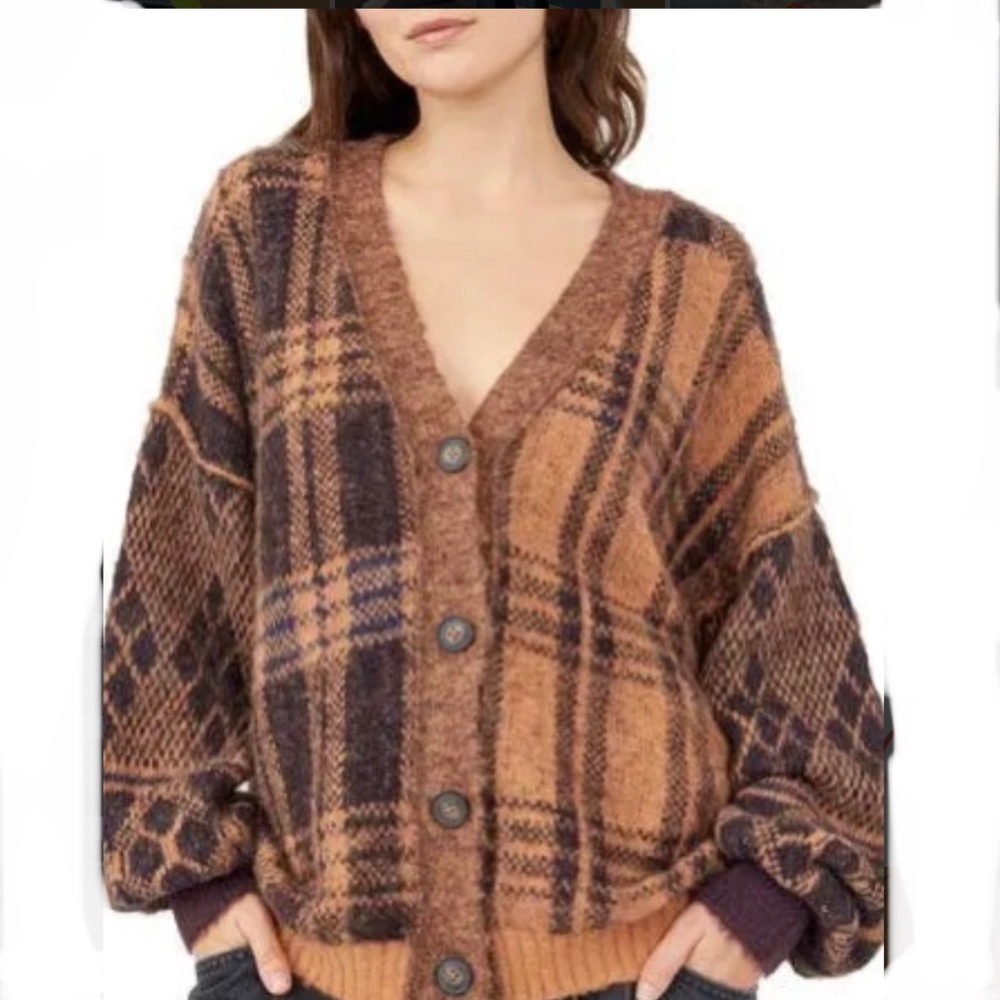 Free People Sepia Plaid Jacquard Oversize Birchwood Combo Cardigan Size XS
